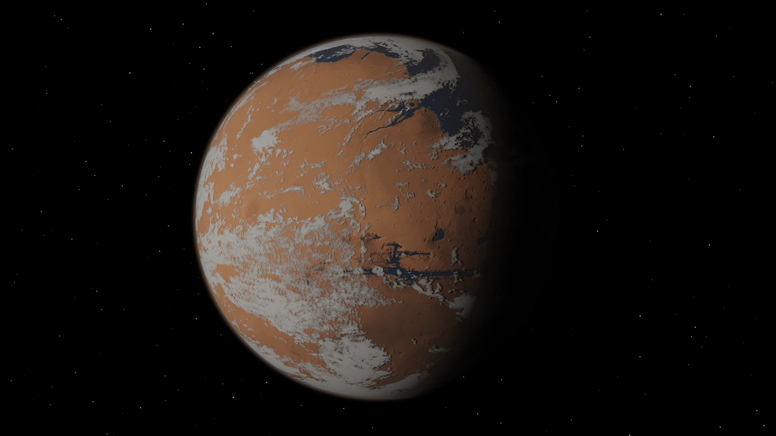 A rust-colored planet with blue water and white cloud cover
