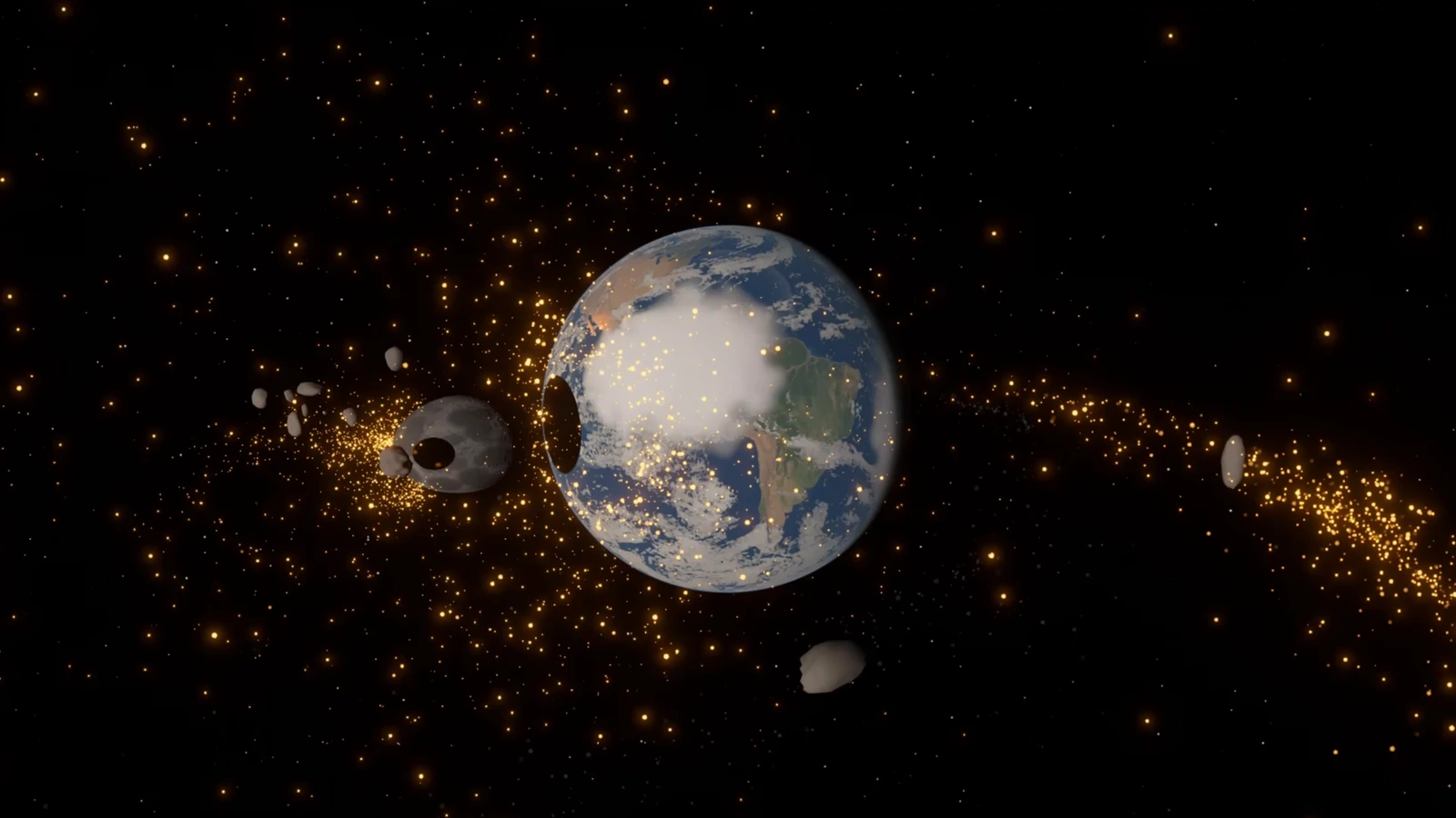 A blue planet and a smaller rocky body surrounded by fragments and glowing debris