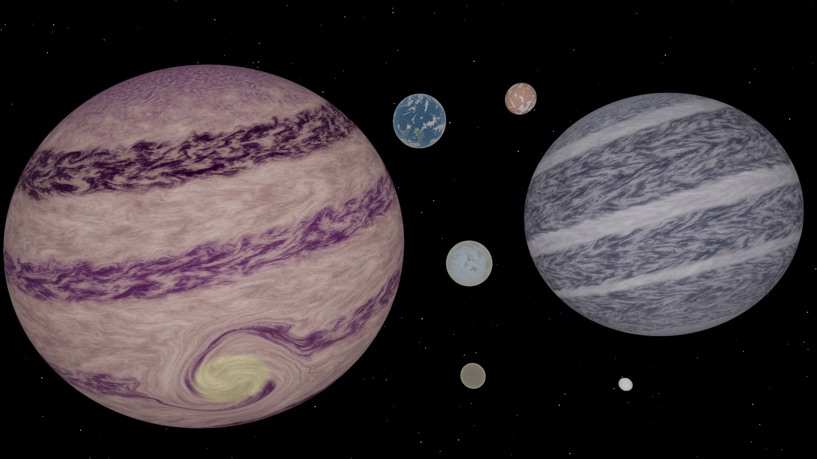 Purple and blue gas giants with cloud bands and storms, surrounded by smaller rocky worlds