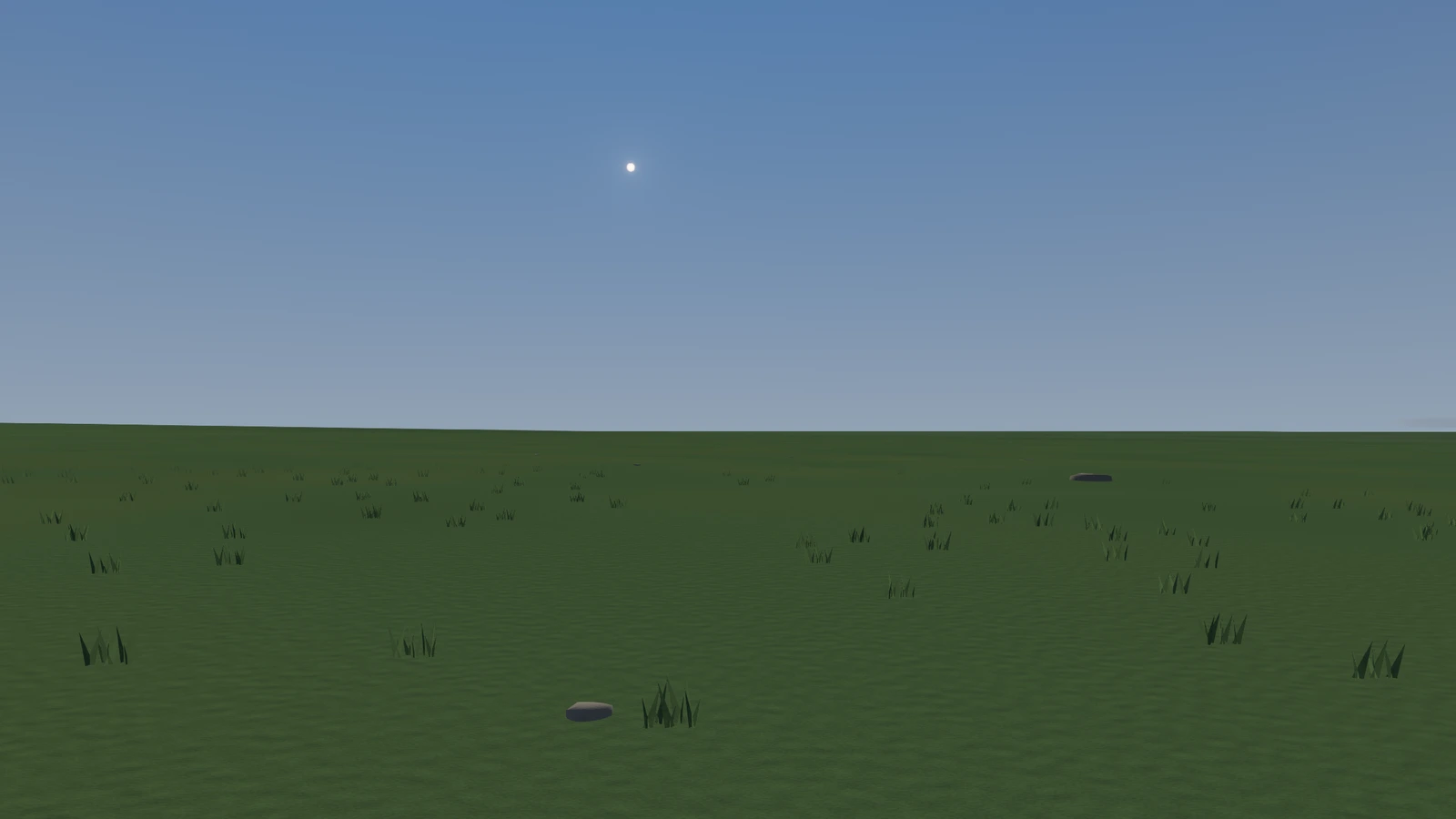 Grass and scattered rocks on a planet’s surface beneath a clear blue sky